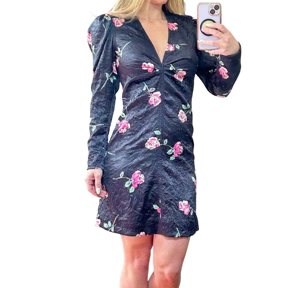 GANNI Rose Print Crinkle Satin Mini Dress NWT | MSRP $295 | Size 34 (Fits XS)
